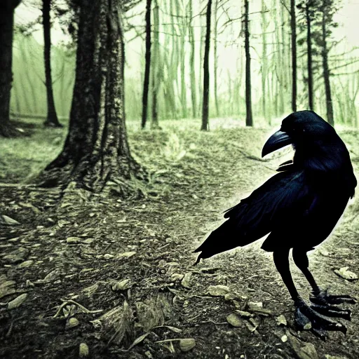 Prompt: creature consisting of a crow and a human, werecrow, photograph captured in a dark forest