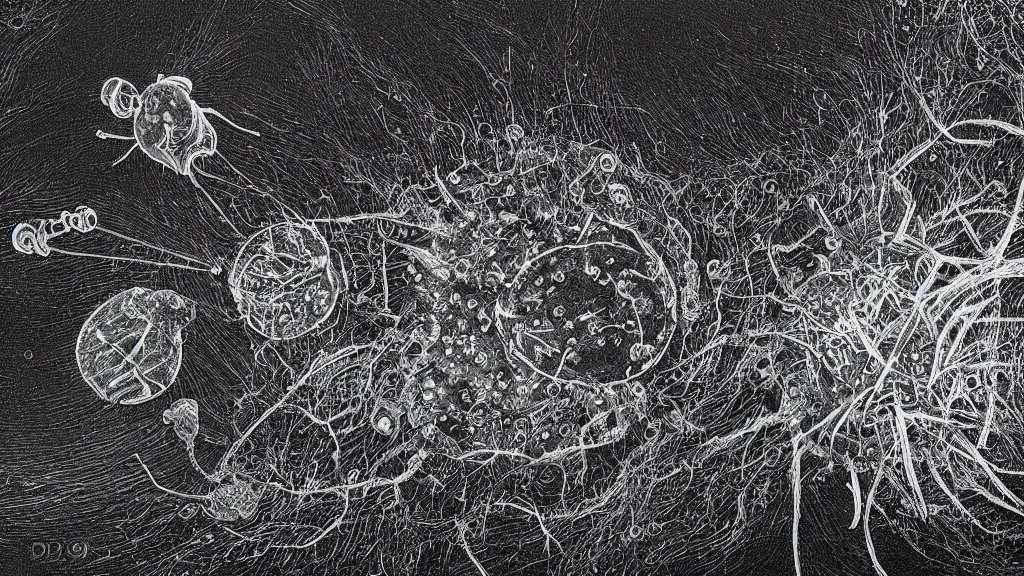 Image similar to a beautiful microscopic scientific photo of a virus and a strange life form seen through an electron microscope, dark, sinister, detailed, art by Charles D'Orbigny