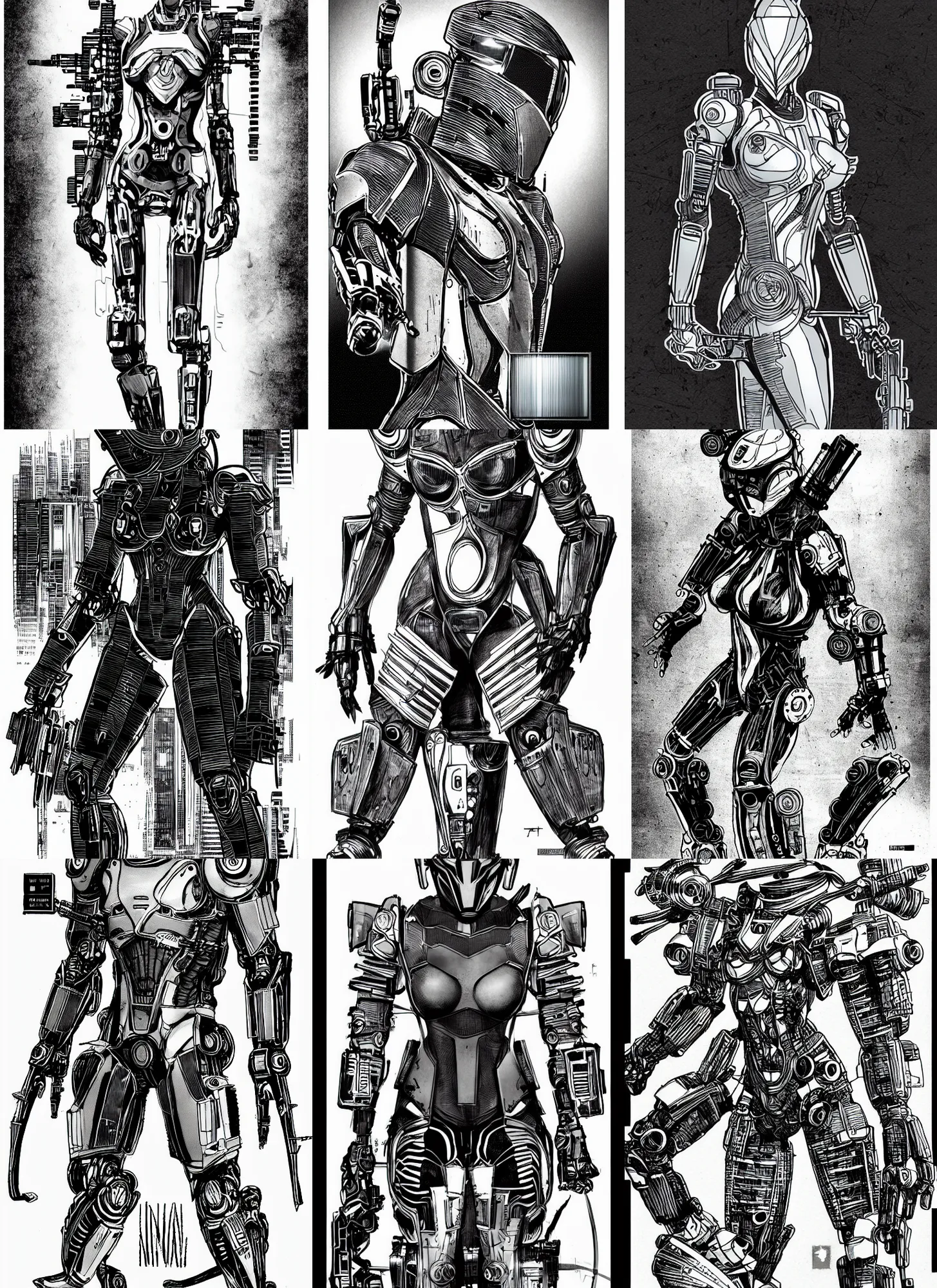 Prompt: combat ninja robot designed by jony ive and dieter rams, warframe art, feminine proportions, portrait, cyberpunk 2 0 2 0 manual, by steampoweredmikej, by tim bradstreet, inktober, ink drawing, black and white, coloring pages, manga, highly detailed