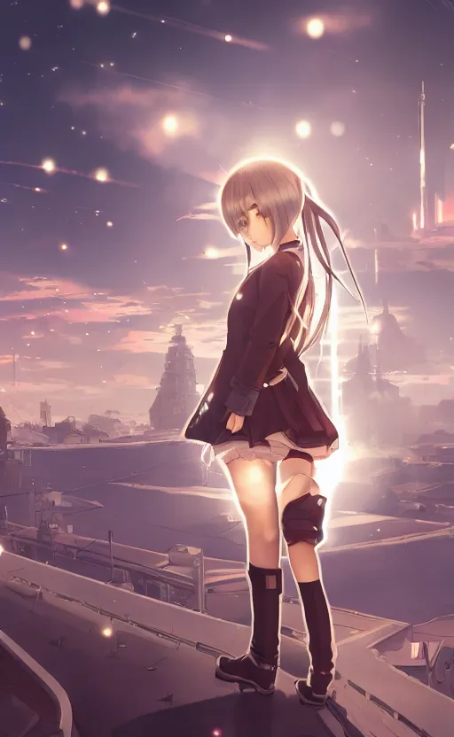 Prompt: anime style, panoramic view of girl, searchlights in background, soldier clothing, short hair, hair down, symmetrical facial features, from arknights, hyper realistic, 4 k, rule of thirds, extreme detail, detailed drawing, trending artstation, hd, d & d, realistic lighting, by alphonse mucha, greg rutkowski, sharp focus, backlit