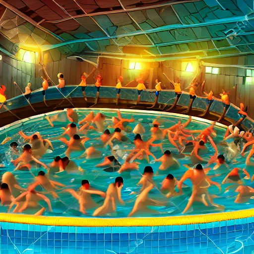 Image similar to photo, ugly old fat men and monsters fighting 5 3 8 2 8 inside a swimming pool, highly detailed, scary, volumetric lighting