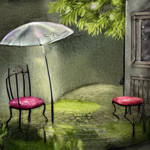 Image similar to delicate rain, toad, chairs, garden, paved, botanic watercolors, iridescent, 8 k, realistic shaded, fine details, artstation, italian, iron gate, tree, mediterranean