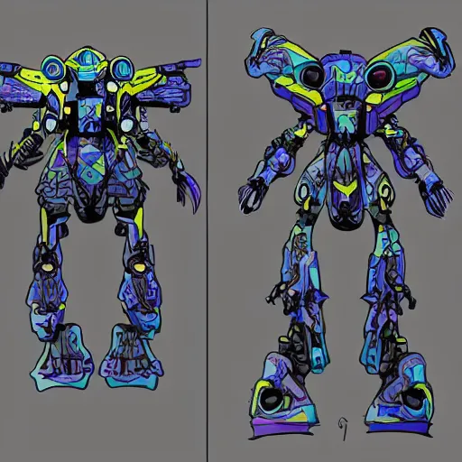 Image similar to character design sheets for an ancient manta ray battle mech suit, art by tim shafer from his work on psychonauts 2 by double fine, and inspired by splatoon by nintendo, blacklight