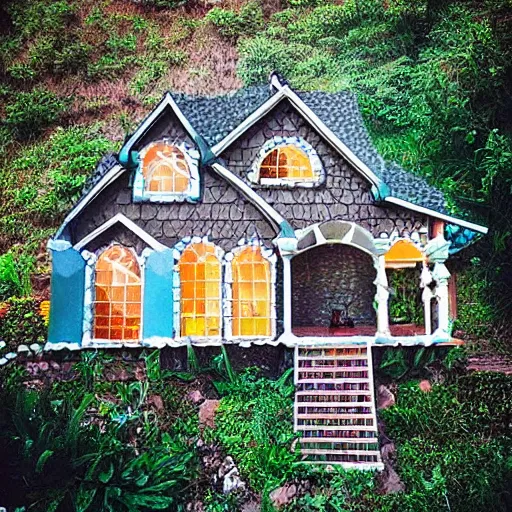 Image similar to “House made of crystal gemstones, 35 mm real estate photo”