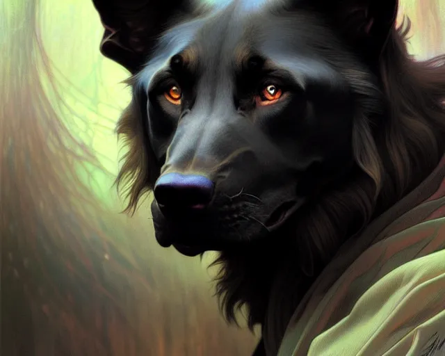 Image similar to barghest, portrait, highly detailed, deep focus, elegant, digital painting, smooth, sharp focus, illustration, ultra realistic, 8 k, art by artgerm and alphonse mucha and edgar maxence