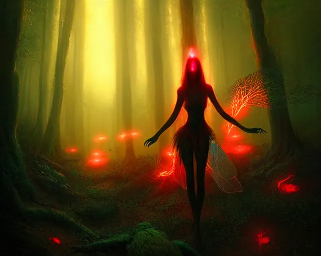 Image similar to portrait of a beautiful fairy woman standing in strange alien forest, glowing fungus, misty, red glowing horizon, fireflies, ultra high definition, ultra detailed, symmetry, sci - fi, dark fantasy, by greg rutkowski and ross tran