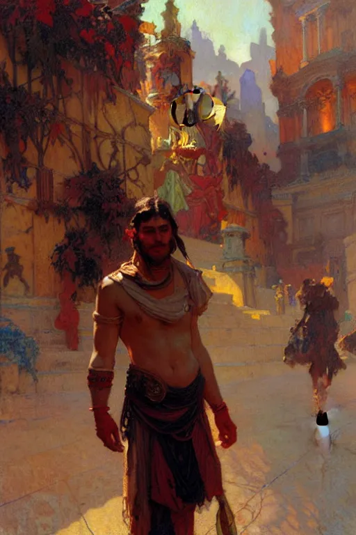 Prompt: attractive man, rome, cool colors, painting by gaston bussiere, craig mullins, greg rutkowski, alphonse mucha