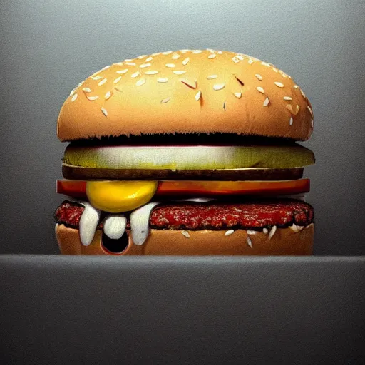 Prompt: a monster with a hamburger head, hamburger face, burger head, burger with human eyes in the top bun, burger with a mouth, teeth between bread and patty, character concept art, fantasy drawing, illustration, highly detailed, hyperrealistic, cgsociety, artstation, oil painting by greg rutkowski