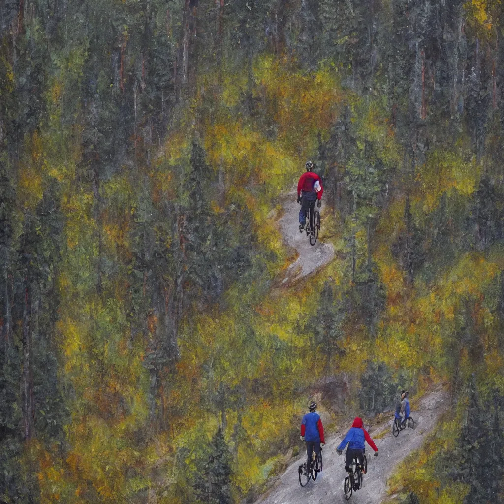 Image similar to Two men biking up a steep forest hill with a deep dark blue sweater and a wine red sweater. sweaty. Oil painting. Emotional. Trending on artstation. Steep. Nordic Trees. Rustic. Artistic.