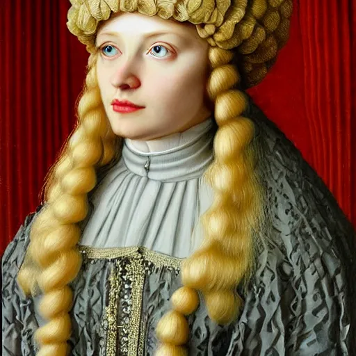 Image similar to blonde victorian princess, hyperrealism, concept art, jan van eyck