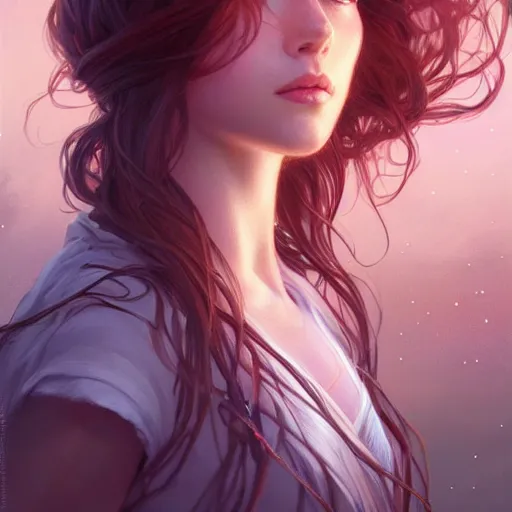 Image similar to girl with super long hair, hair becoming night stars, intricate, highly detailed, digital painting, artstation, concept art, smooth, sharp focus, illustration, unreal engine 5, 8 k, art by artgerm and greg rutkowski and alphonse mucha