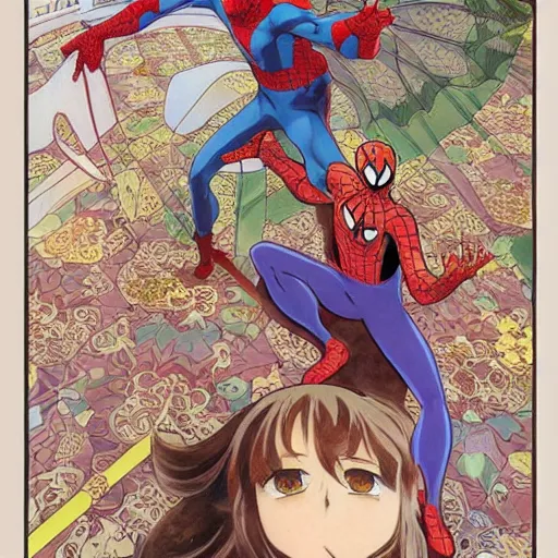 Prompt: anime manga SPIDERMAN illustration hyperrealistic art Geof Darrow and will cotton alphonse mucha pop art nouveau