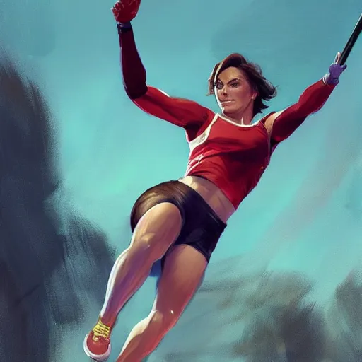 Prompt: Mariska Hargitay pole vaulting at a track and field event by Stanley Artgerm Lau, WLOP, Rossdraws, Frank Frazetta, Andrei Riabovitchev, Marc Simonetti, trending on artstation.