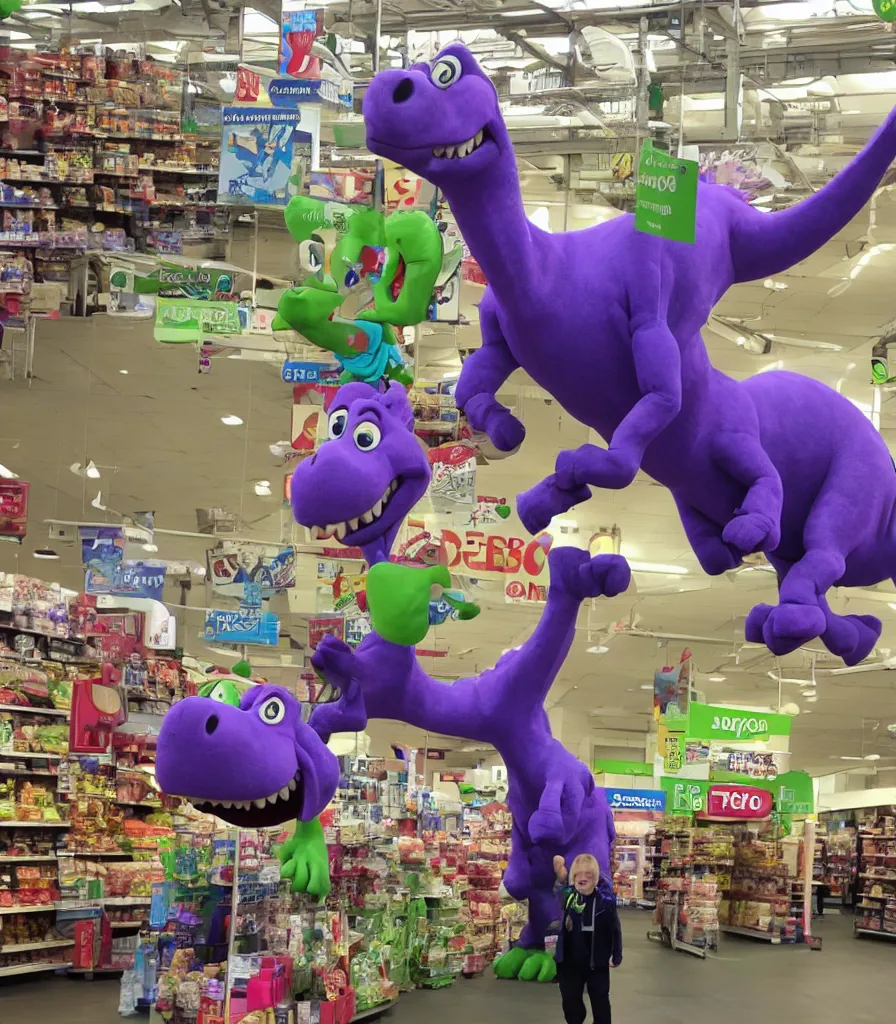 Image similar to barney the dinosaur takes over tesco