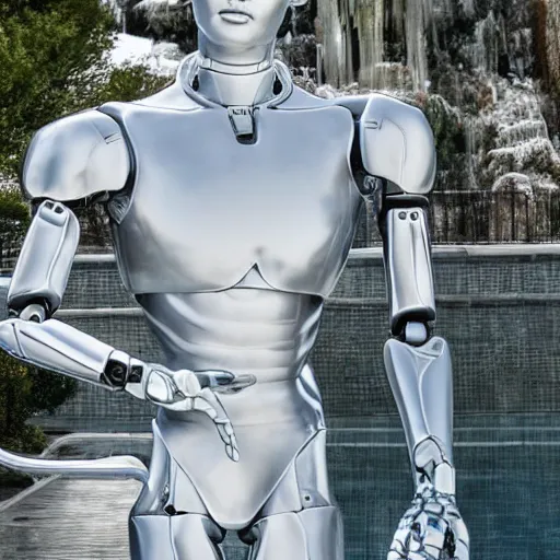 Image similar to made of ice, a realistic detailed photo of a guy who is an attractive humanoid who is half robot and half humanoid, who is a male android, on display, blank stare, showing off his muscles, shiny skin, posing like a statue, by the pool, frozen ice statue, f 1 driver charles leclerc, humanoid robot