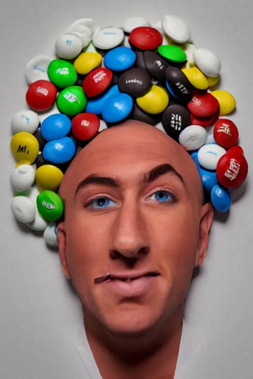 Image similar to eminim as a literal m & m, an m & m candy with the face of the rapper eminiem