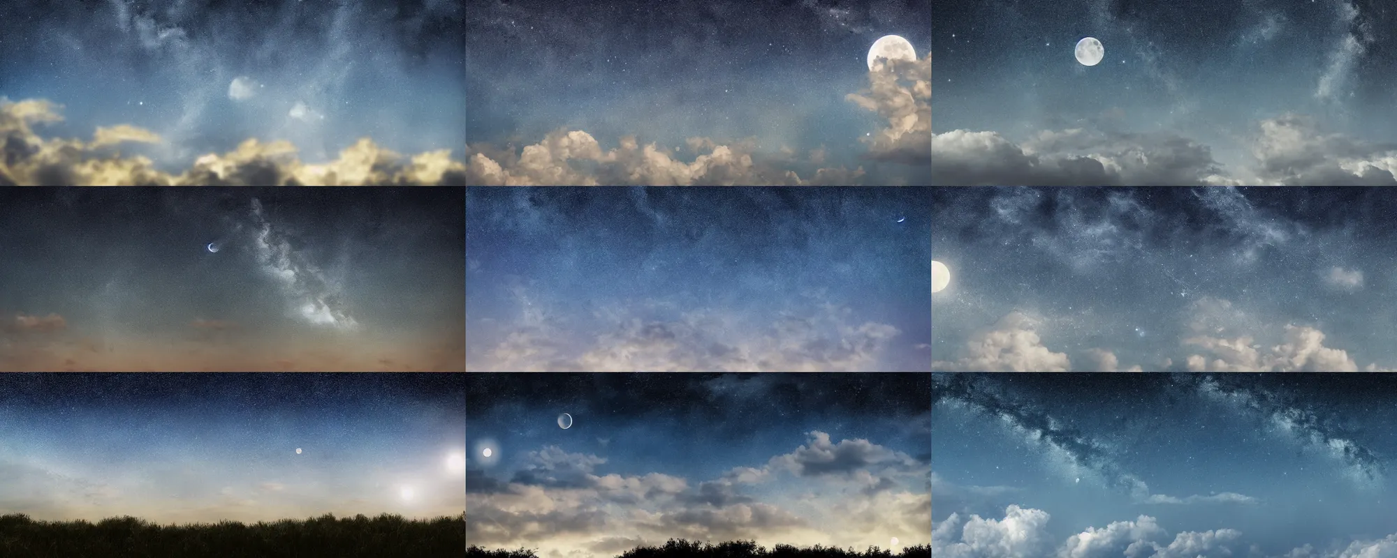 Prompt: starry sky with clouds and moon, realistic photograph, 8k