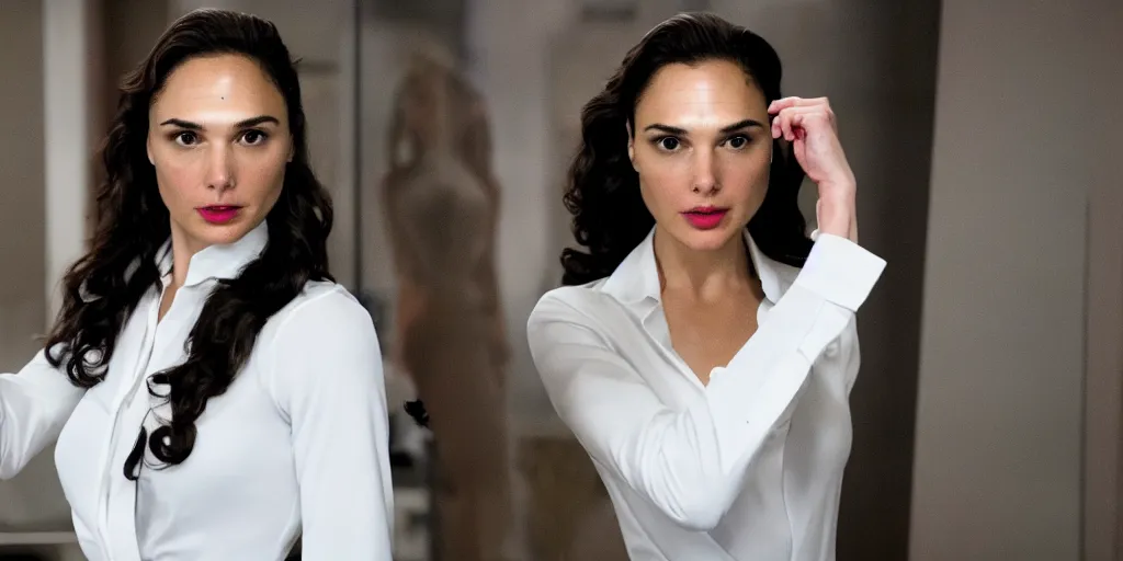 Image similar to ultra wide angle photo of gal gadot dressed in a white blouse and black dress pants as diana prince looking at herself in a bathroom mirror and seeing her reflection as wonder woman