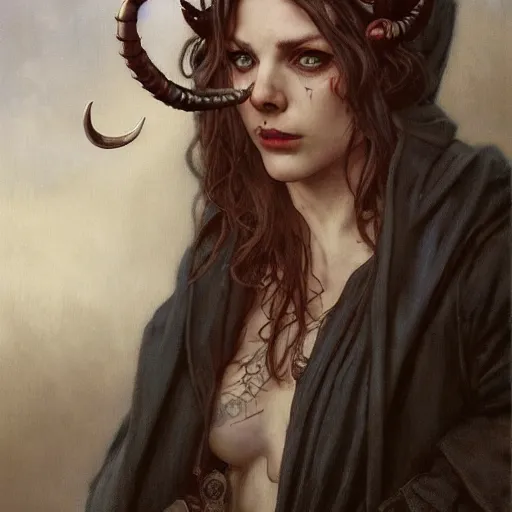 Prompt: masterpiece portrait of a surly and resentful female tiefling thief with horns clothed in ragged clothes and a cloak, by Greg Rutkowski and John Collier and Krenz Cushart and Artem Demura and Alphonse Mucha and Albert Aublet, as seen on ArtStation, 4k, dungeons and dragons, very aesthetic, very detailed, intricate, unreal, fantasy, dramatic, painterly, artstation, sharp focus, smooth