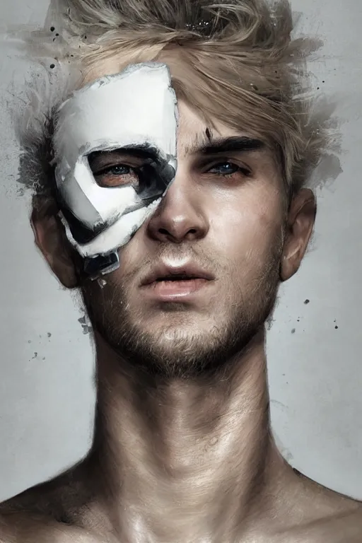 Image similar to blonde wild hair man, black eye - patch, close - up portrait, plain white tshirt, powerfull, intricate, elegant, volumetric lighting, scenery, digital painting, highly detailed, artstation, sharp focus, illustration, concept art, ruan jia, steve mccurry