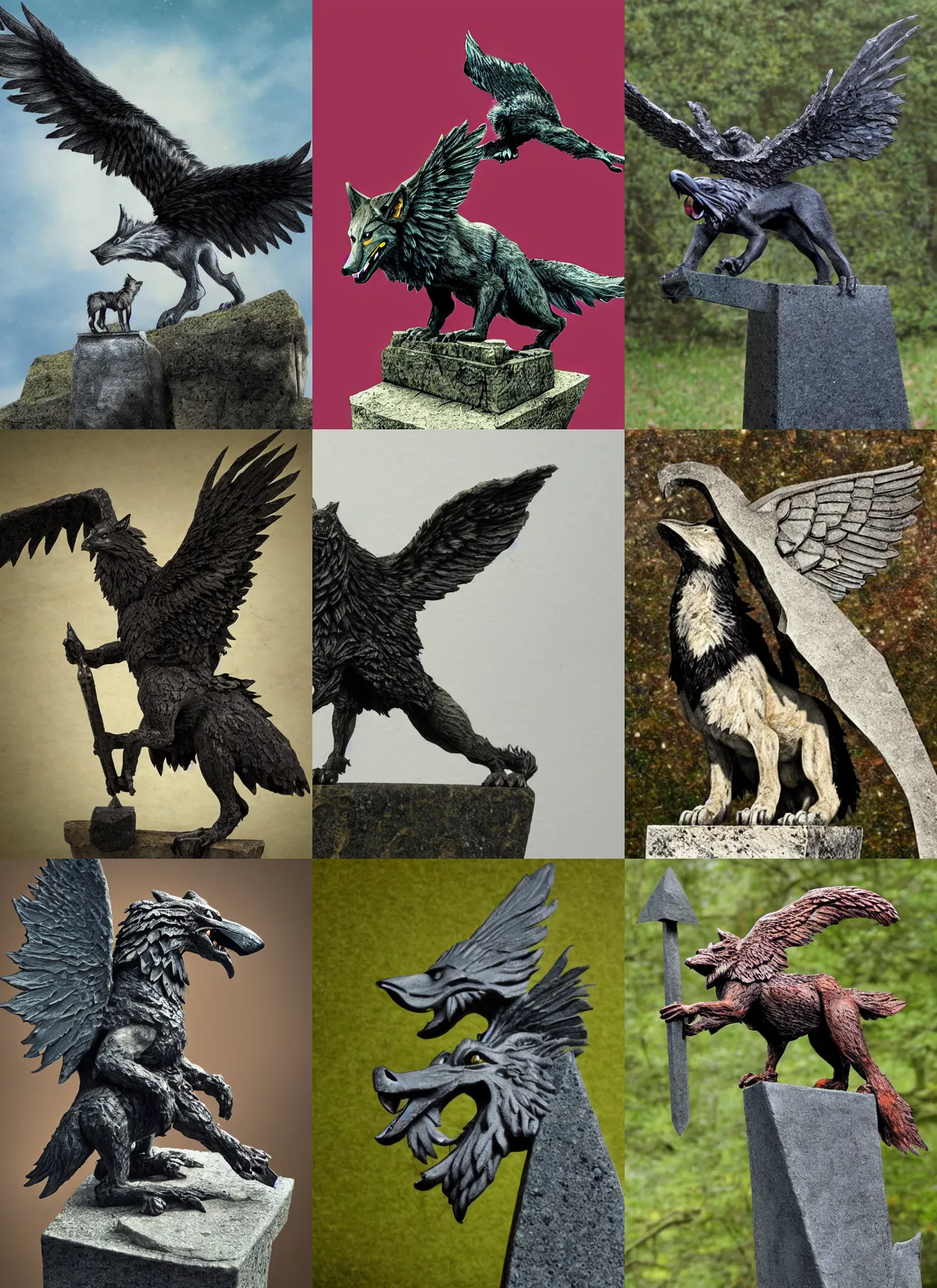 Prompt: A wolf with the wings and beak of a crow perched on top of a stone obelisk, realistic midshot photo of the wolfish chimera, in the style of Ralph Horsley