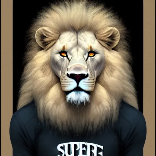 Prompt: a beautfiul aesthetic commission portrait of a anthro albino lion wearing a supreme t-shirt,attractive beautiful face,detailes face,natural lighting,fantasy art,deviantart,artstation,character design by charles bowater,ross tran,4k,photorealistic