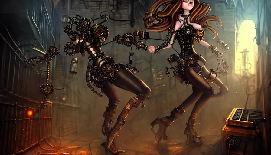 Prompt: a steampunk girl battling giant mechanical monsters in an alleyway by coven morgana, dynamic pose, trending on artstation, digital art, dark fantasy, steampunk, concept art