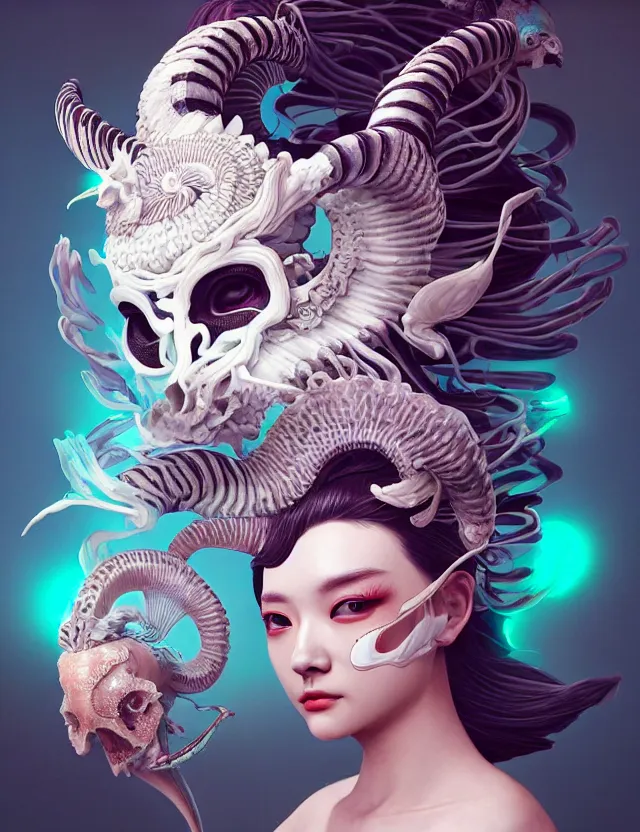 Prompt: 3 d goddess half - turn portrait with ram skull. beautiful intricately detailed japanese crow kitsune mask and clasical japanese kimono. betta fish, jellyfish phoenix, bio luminescent, plasma, ice, water, wind, creature, artwork by tooth wu and wlop and beeple and greg rutkowski