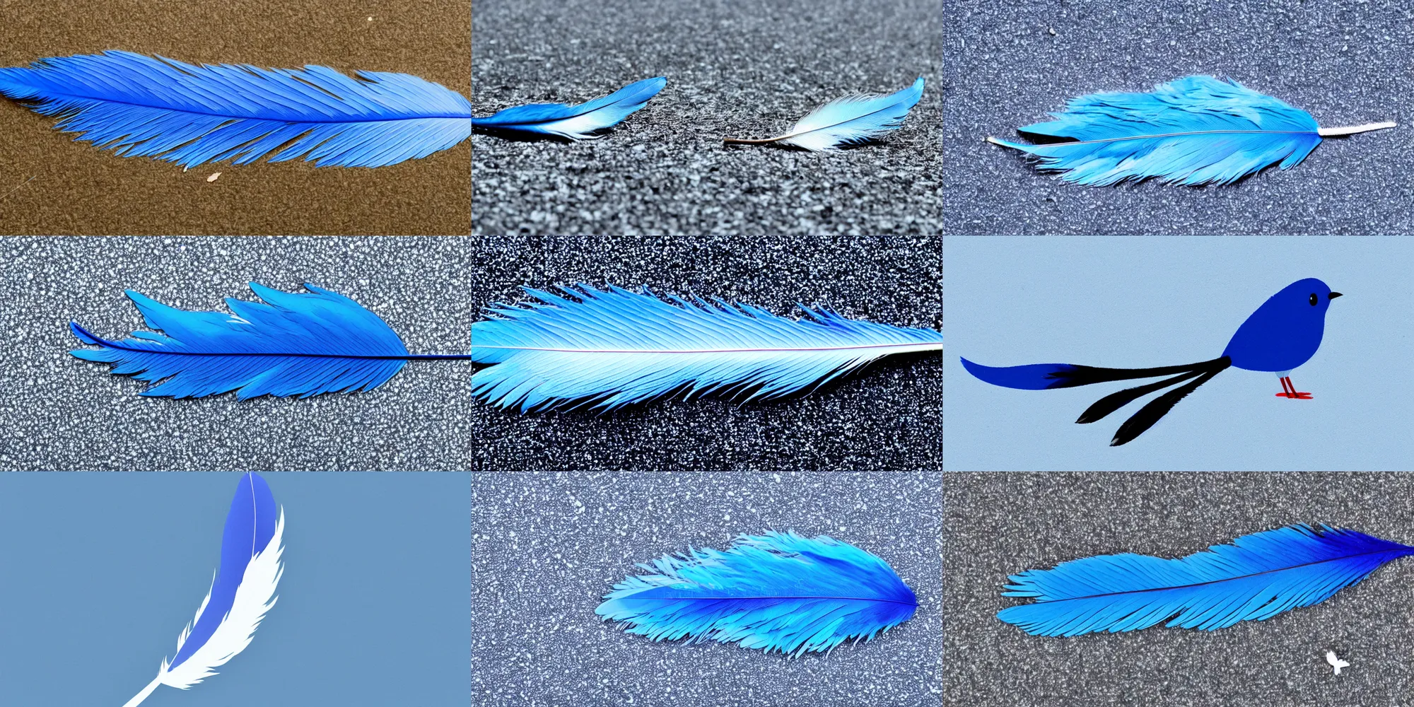 Prompt: Blue bird feather sits alone on the ground of a white void, anime style, studio ghibli