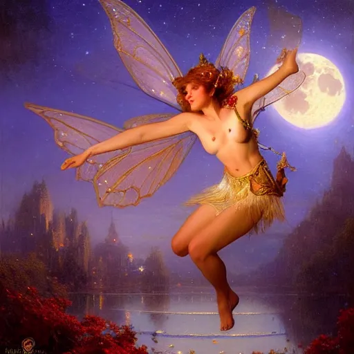 Image similar to attractive fairy magically floating high in the night, fantasy, full moon in background. highly detailed painting by gaston bussiere, craig mullins, j. c. leyendecker, mid shot, 8 k