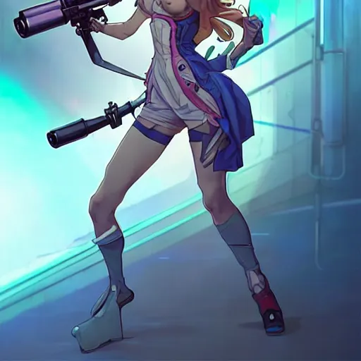 Prompt: a full body character design by artgerm, cushart krenz, ross tran, alphonse mucha. cute mad scientist girl!! shoulder mounted canon gun bazooka!! futuristic lab coat!! bold outline sharp edges. ultra clear detailed. 8 k. elegant, neon colors, dynamic angle, intricate complexity, epic composition, action pose, cinematic lighting masterpiece