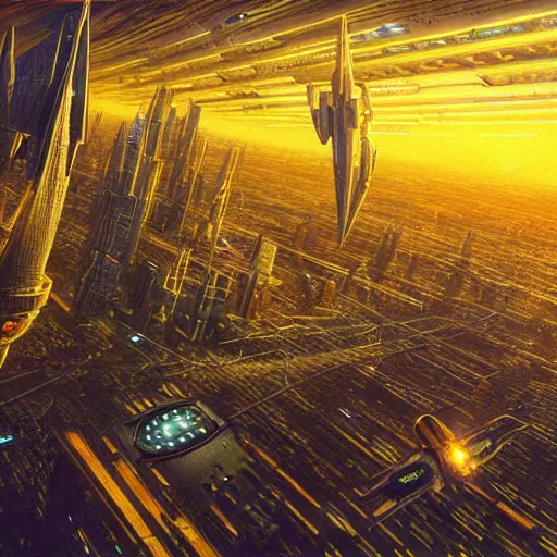 Prompt: cyberpunk starship soaring over city, atmospheric lighting, painted, intricate, golden hour, ultra detailed by peter gric, giger, enki bilal