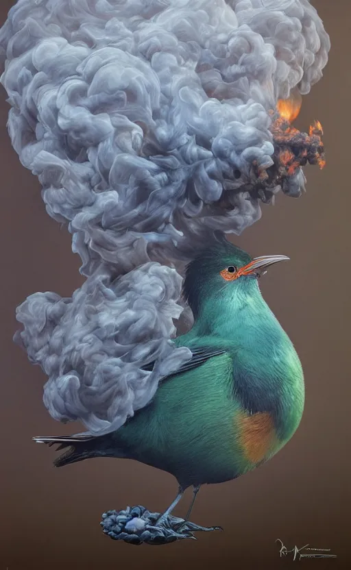 Image similar to an ultra fine detail painting of a round floating bird with a lot of smoke coming out of it, an airbrush painting by Ron English, by Marco Mazzoni, by Brian Despain, cgsociety, hyperrealism, airbrush art, hyper realism, oil on canvas, nuclear art, pop surrealism