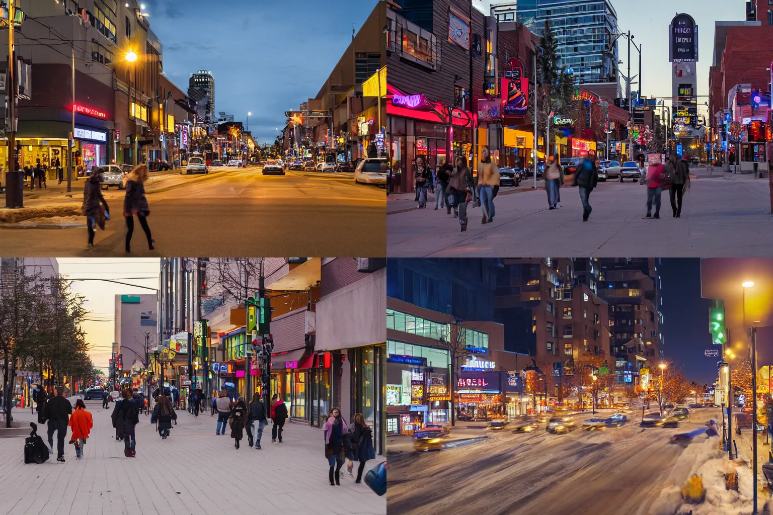 Prompt: photo of busy city street of Edmonton Alberta, young adults on sidewalks that are lined with trendy stores and nightclubs, late evening time, high dynamic range color, medium contrast, 1/8th shutterspeed, sigma 24mm f8