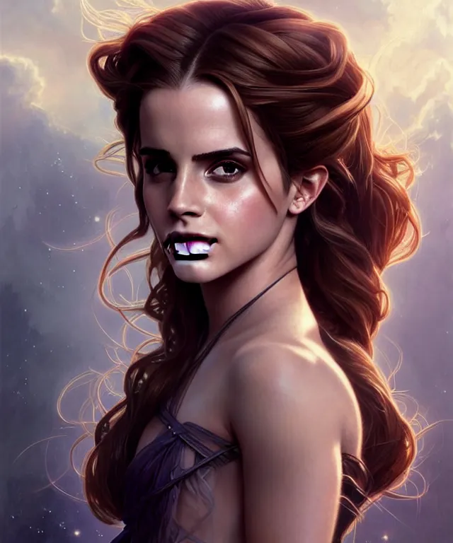 Image similar to Emma Watson as a fantasy magic woman portrait, sci-fi, amber eyes, face, long hair, fantasy, intricate, elegant, highly detailed, digital painting, artstation, concept art, smooth, sharp focus, illustration, art by artgerm and greg rutkowski and alphonse mucha