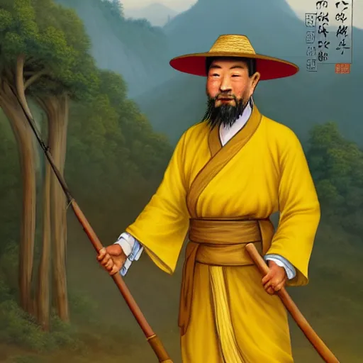 Prompt: a chinese battle monk, wearing a faded yellow toga, a straw hat, holding a wooden long staff with a spear at the end that is perpendicular to the floor, long white beard, beautiful valley with a meadow and dozens of mountains, lots of shading, full body shot, drawn in the style of alex horley