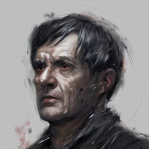 Image similar to Portrait of a man by Greg Rutkowski, he is about 60 years old, short black hair with bangs, his features are a mix between French, Turkish and Russian, expression of contempt, sorrow and resignation, he is wearing a futuristic tactical gear, highly detailed portrait, digital painting, artstation, concept art, smooth, sharp foccus ilustration, Artstation HQ.