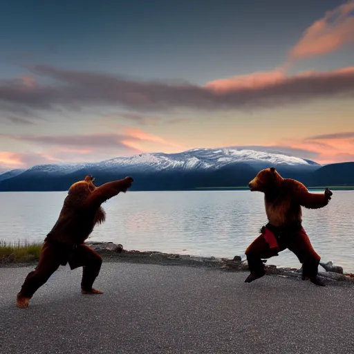 Image similar to kodiak bears kung - fu fighting on a lakefront using salmon as weapons, dusk, 8 k, hdr, cinematic, rule of thirds,