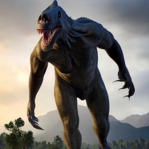 Image similar to A realistic photo of a mixture of Human and Tyrannosaurus, hyper-realistic, 8K HDR.