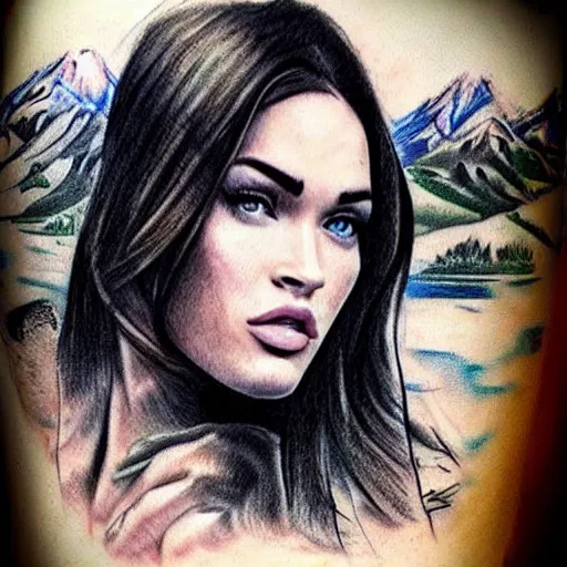 Image similar to realistic tattoo sketch of megan fox face double exposure art with beautiful mountain scenery, in the style of matteo pasqualin, amazing detail, sharp, faded