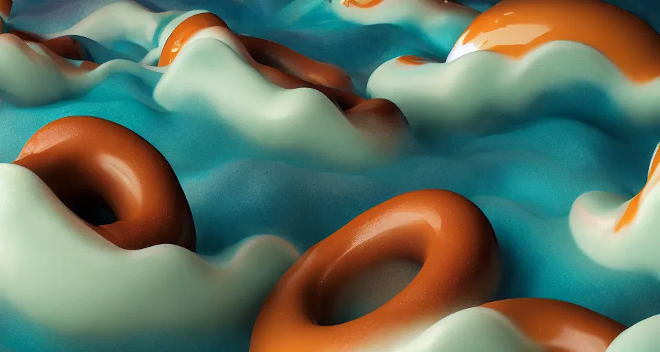Prompt: storybook imagery. landscape photography of a turbulent donut ocean that is made up of a sea of giant cream glazed sprinkle covered donuts. claymation. diorama. digital art. colorful. render. 4 k. 8 k. trending. wallpaper.