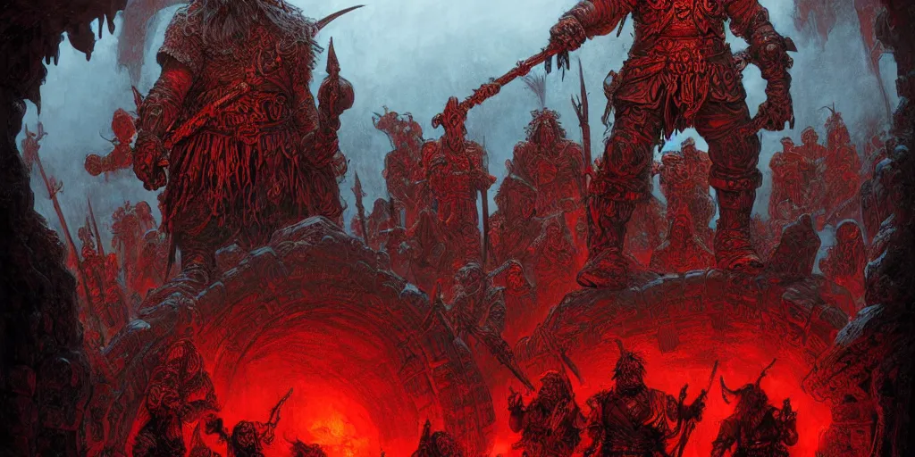 Image similar to concept art, aged dwarf warrior gang stand at the gates of hell, poster style, ornate, red, turquoise, detailed, dramatic, moody lighting, by paul pope, travis charest, gustave dore, hiroshi yoshida, moebius, artgerm, cinematic