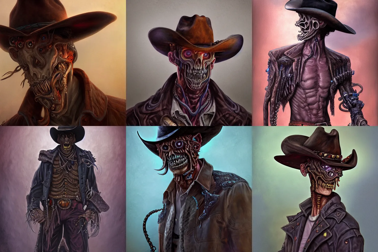 Prompt: digital painting of a corrupted eldritch cowboy, hyperdetailed, beautiful, eldritch horror, abomination, by Gerald Brom, full body shot, cowboy leather hat, trending on Artstation