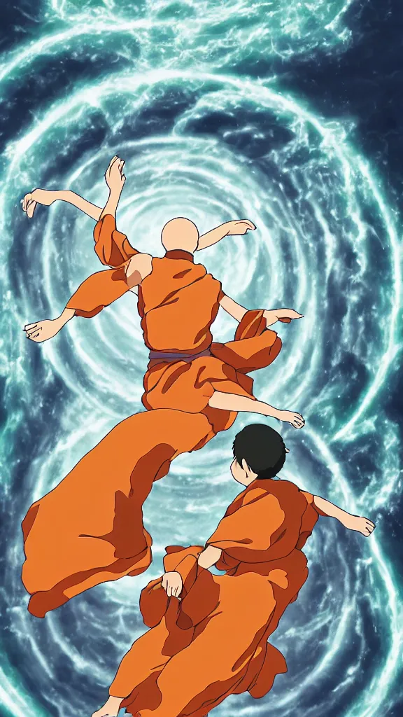 Prompt: illustration of a peaceful monk in the centre of a swirling atom defending against evil, studio ghibli, ultra hd