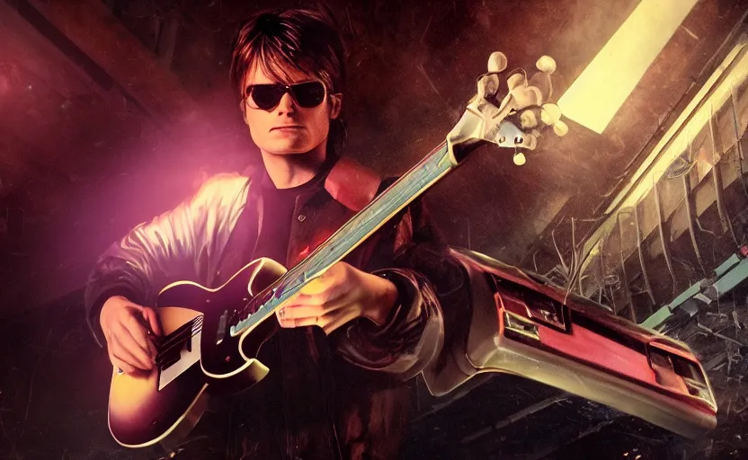 Prompt: photorealistic still of marty mcfly playing a futuristic guitar, in liminal space, cyberpunk, film grain, dark lighting, realistic, photgraph, silent hill style, detailed cinematic lighting