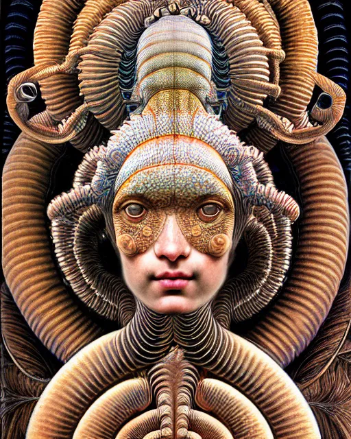 Image similar to hyperrealistic detailed face portrait of the beautiful goddess of the giant isopods with an intricate golden ornamental geometrical fractal giant isopod masked headdress, art by ernst haeckel, john william godward, android jones, h. r. giger, gothic - cyberpunk, ornamental, dimmed pastel colours,