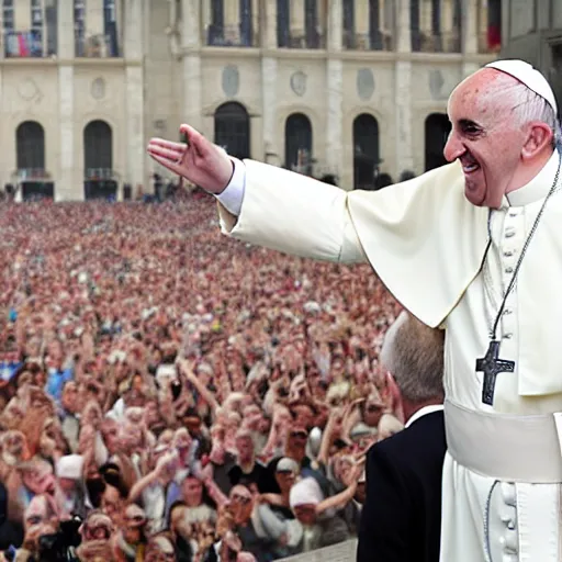 Image similar to Pope Francis at the Pride, photograph, hyper detailed, wide angle