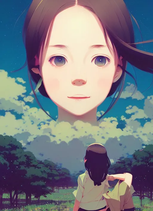 Image similar to portrait of a smiling girl by ilya kuvshinov, cloudy sky background lush landscape ln illustration concept art anime key visual trending pixiv by victo ngai fanbox by greg rutkowski makoto shinkai takashi takeuchi studio ghibli