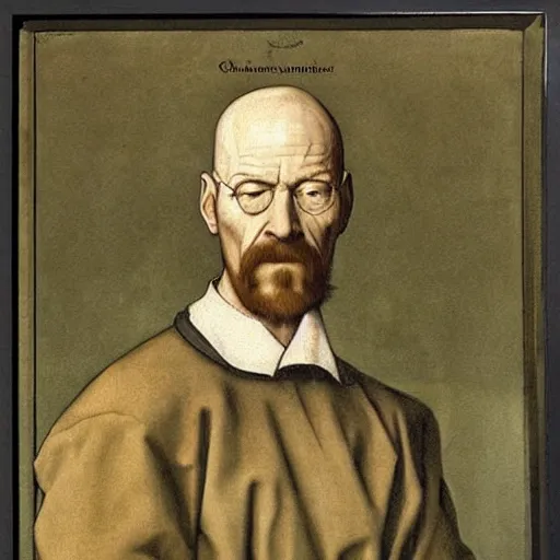 Prompt: portrait _ of _ walter _ white _ from _ breaking _ bad _ in _ chemical _ laboratory _ test _ tubes _ with _ chemicals _ detailed _ oil _ painted _ by _ albrecht _ durer _ classic _ pose _ medieval _ dressed