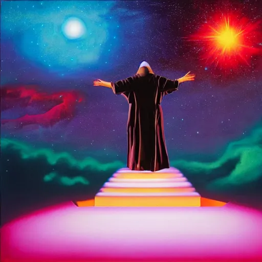 Prompt: A robed wanderer stands atop the final summit at the end of time as witness to the final fleeting moments of the universe. A highly detailed surreal oil painting on neon geometric canvas of the last wizard and the doom of spacetime.